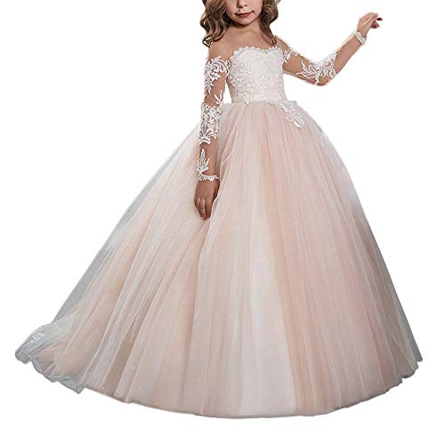 Aibaowedding Spitze Stickerei Schiere V-Rücken ärmellos Kinder Schleppende Kleider (DE/NL/SE/PL, Alter, 4 Jahre, 5 Jahre, Regular, Rosa) von Aibaowedding