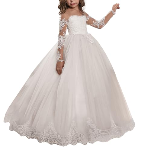 Aibaowedding Spitze Stickerei Mädchen Brautjungfer Kleid Langarm Ärmel Kinder Geburtstagsfeier Ballkleider (4, Weiß/Bodenlang) von Aibaowedding