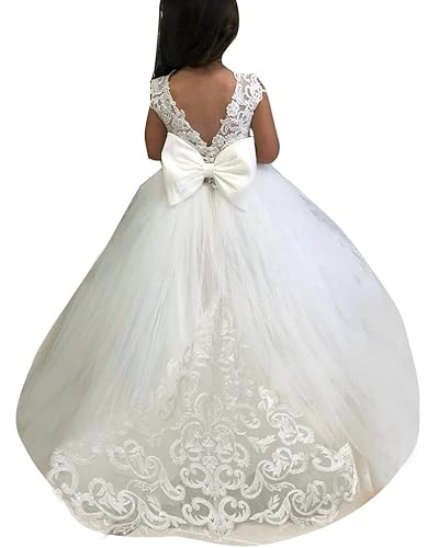 Aibaowedding Spitze Stickerei Schiere V-Rücken ärmellos Kinder Schleppende Kleider Größe 2,Weiß/Ärmellos von Aibaowedding