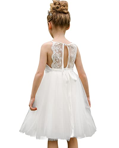 Aibaowedding Spitze zurück Blumenmädchen Kleid Kinder Sommer Hochzeit Geburtstag Hoilday Tea Party Kleid(Weiß,8-9Y) von Aibaowedding