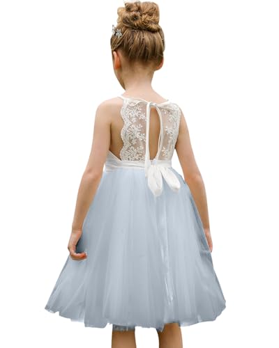 Aibaowedding Spitze zurück Blumenmädchen Kleid Kinder Sommer Hochzeit Geburtstag Hoilday Tea Party Kleid Dusty Blue Size 8-9Y von Aibaowedding