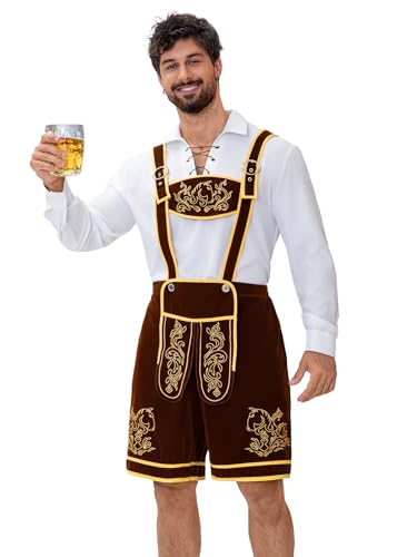 Aibaowedding Traditionelle Lederhose mit Goldstickerei, Weiße Bluse mit Schnürung, Trachten Set für Oktoberfest, Braun (Braun, L) von Aibaowedding