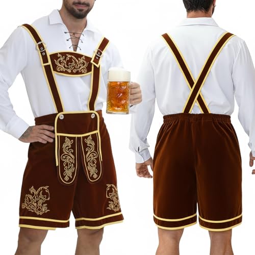 Aibaowedding Traditionelle Lederhose mit Goldstickerei, Weiße Bluse mit Schnürung, Trachten Set für Oktoberfest, Braun (Braun, S) von Aibaowedding