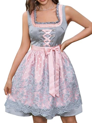 Aibaowedding Traditionelles Costume Dress 2-Piece Women's Dirndl Dress mit Spitzenschürze Midi-Länge Oktoberfest Trachtenkleid mit Schleife (S,Grau Rosa) von Aibaowedding