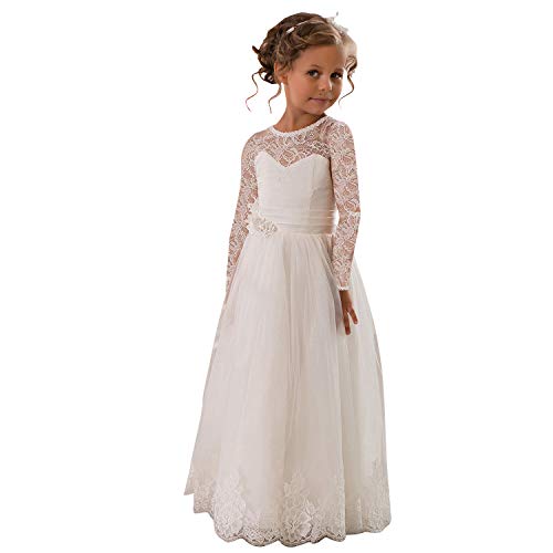 Aibaowedding Vintage Lang Kinder Tüllkleid Spitzenkleid mit Gürtel/Chic A-Linie Kommunionkleider Brautjungfern Kleider Blumenmädchenkleider für Mädchen 2-12 Jahr (Elfenbein,12) von Aibaowedding