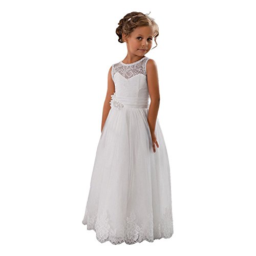 Aibaowedding Vintage Lang Kinder Tüllkleid Spitzenkleid mit Gürtel/Chic A-Linie Kommunionkleider Brautjungfern Kleider Blumenmädchenkleider für Mädchen 2-12 Jahr (Weiß,4) von Aibaowedding