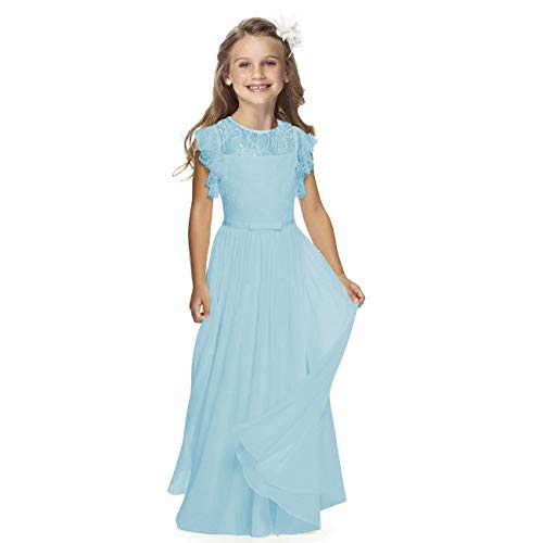 Boho Lange Kinder Spitzenkleid Chiffon Kleid mit Gürtel und Kurzen Butterfly-Ärmeln/Chic A-Linie Kommunionkleider Brautjungfern Kleider Blumenmädchenkleider für Mädchen (Blau,10-11 Jahre) von Aibaowedding