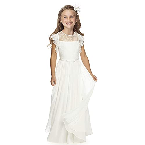 Boho Lange Kinder Spitzenkleid Chiffon Kleid mit Gürtel und Kurzen Butterfly-Ärmeln/Chic A-Linie Kommunionkleider Brautjungfern Kleider Blumenmädchenkleider für Mädchen (Elfenbein,12-13 Jahre) von Aibaowedding