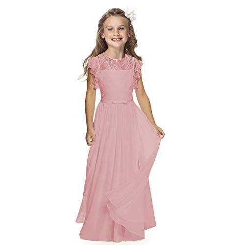 Boho Lange Kinder Spitzenkleid Chiffon Kleid mit Gürtel und Kurzen Butterfly-Ärmeln/Chic A-Linie Kommunionkleider Brautjungfern Kleider Blumenmädchenkleider für Mädchen (Rosa,6-7 Jahre) von Aibaowedding