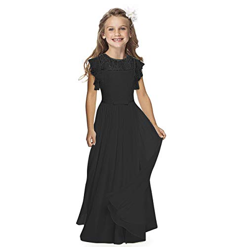 Boho Lange Kinder Spitzenkleid Chiffon Kleid mit Gürtel und Kurzen Butterfly-Ärmeln/Chic A-Linie Kommunionkleider Brautjungfern Kleider Blumenmädchenkleider für Mädchen (Schwarz,10-11 Jahre) von Aibaowedding