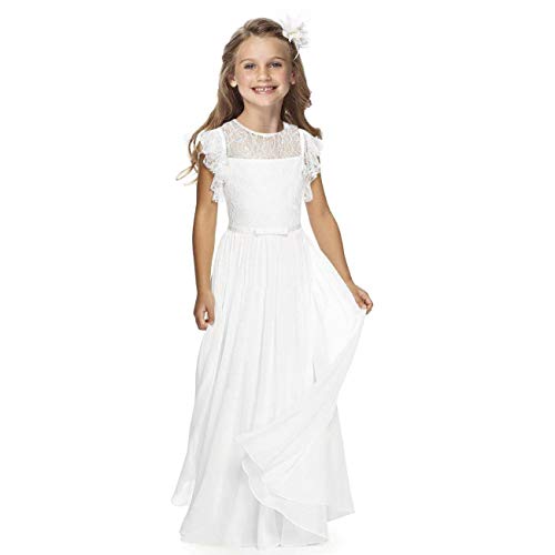 Boho Lange Kinder Spitzenkleid Chiffon Kleid mit Gürtel und Kurzen Butterfly-Ärmeln/Chic A-Linie Kommunionkleider Brautjungfern Kleider Blumenmädchenkleider für Mädchen (Weiß,12-13 Jahre) von Aibaowedding