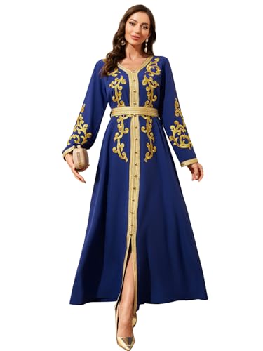 Elegantes V-Ausschnitt-Kleid für Frauen mit Goldstickerei und Gürtel arabisches muslimisches Dubai-Gewand Abaya Islam Marokko türkisches Kleid Ramadan-Fest Verschiedene Festivals von Aibaowedding