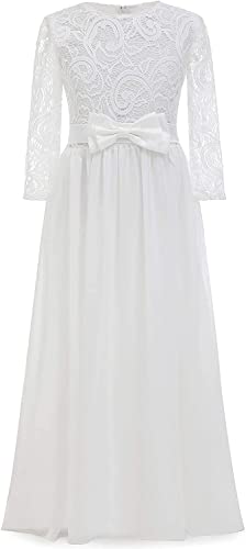 Kinder Boho Lang Spitzenkleid 3/4 Ärmel Chiffon Kleid mit Gürtel und Schleife/Chic A-Linie Cocktailkleid Brautjungfernkleider Blumenmädchenkleider für Mädchen 2-12 Jahr(Elfenbein,12) von Aibaowedding