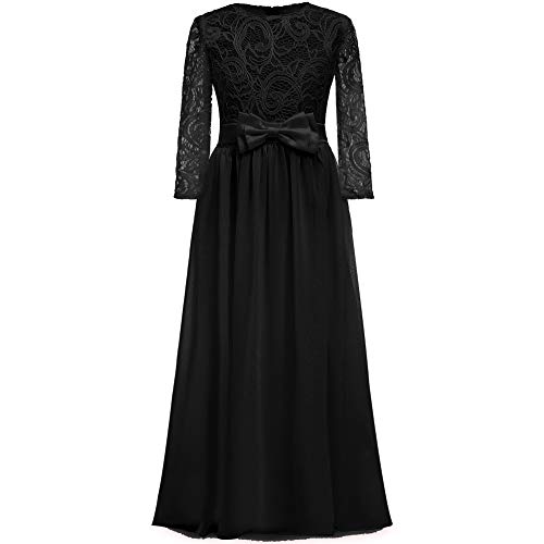 Kinder Boho Lang Spitzenkleid 3/4 Ärmel Chiffon Kleid mit Gürtel und Schleife/Chic A-Linie Cocktailkleid Brautjungfernkleider Blumenmädchenkleider für Mädchen 2-12 Jahr(Schwarz,12) von Aibaowedding