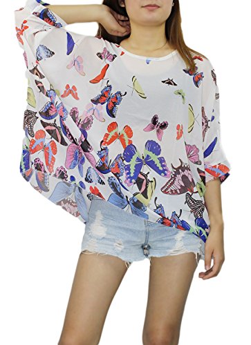 Damen Sommer Chiffon Böhmische Flügel Ärmel Bluse Frauen Tunika Boho Blusen Batwing Damenbluse 3/4 Pullover Poncho Große Größen Beachwear Bikini Cover Up Lose Hemd T Shirt Tops von Aibayleef