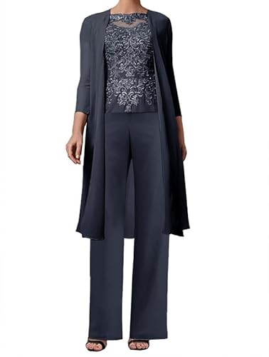 Aibilye 3-Teilig Mutter der Braut Hosenanzug Spitze Brautmutterkleider mit Jacke Langarm Hochzeitsgast Kleid Damen Abendanzug Set Navyblau 58 von Aibilye