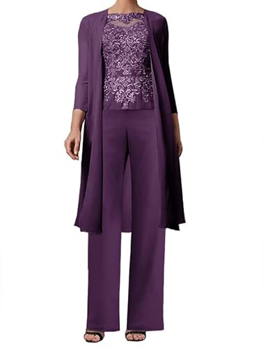 Aibilye 3-Teilig Mutter der Braut Hosenanzug Spitze Brautmutterkleider mit Jacke Langarm Hochzeitsgast Kleid Damen Abendanzug Set Plum 52 von Aibilye