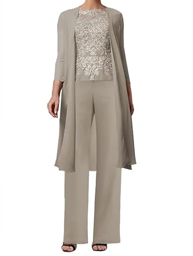 Aibilye 3-Teilig Mutter der Braut Hosenanzug Spitze Brautmutterkleider mit Jacke Langarm Hochzeitsgast Kleid Damen Abendanzug Set Taupe 42 von Aibilye