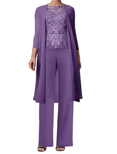 Aibilye 3-Teilig Mutter der Braut Hosenanzug Spitze Brautmutterkleider mit Jacke Langarm Hochzeitsgast Kleid Damen Abendanzug Set Violett 42 von Aibilye