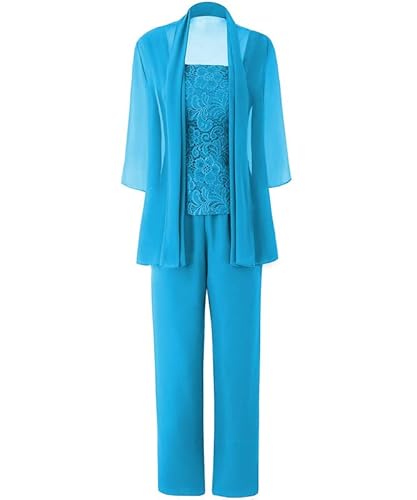 Aibilye Brautmutter Hosenanzug für Hochzeit Damen 3-Teilig Abendanzug Chiffon Hochzeitsgast Festlich Hosenanzug mit Jacke Blau 42 von Aibilye