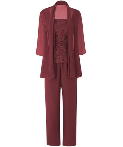 Aibilye Brautmutter Hosenanzug für Hochzeit Damen 3-Teilig Abendanzug Chiffon Hochzeitsgast Festlich Hosenanzug mit Jacke Burgundy 54 von Aibilye