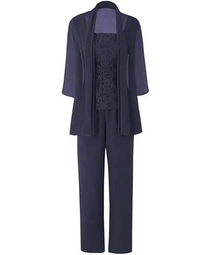 Aibilye Brautmutter Hosenanzug für Hochzeit Damen 3-Teilig Abendanzug Chiffon Hochzeitsgast Festlich Hosenanzug mit Jacke Navyblau 36 von Aibilye