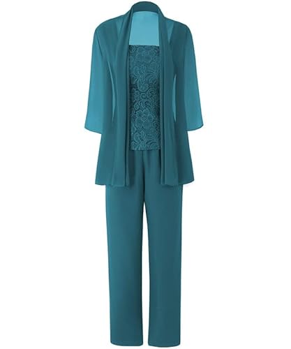 Aibilye Brautmutter Hosenanzug für Hochzeit Damen 3-Teilig Abendanzug Chiffon Hochzeitsgast Festlich Hosenanzug mit Jacke Teal 44 von Aibilye