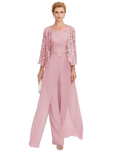 Aibilye Damen Hosenanzug Mutter der Braut Spitzen Outfit-Set Brautmutterkleid 3-Teiliges Set Abendanzug Altrosa 34 von Aibilye