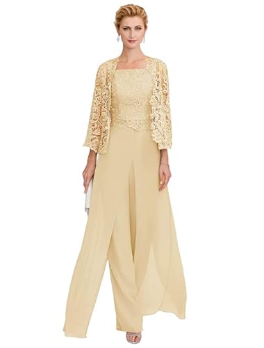 Aibilye Damen Hosenanzug Mutter der Braut Spitzen Outfit-Set Brautmutterkleid 3-Teiliges Set Abendanzug Champagner 52 von Aibilye