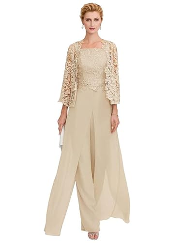 Aibilye Damen Hosenanzug Mutter der Braut Spitzen Outfit-Set Brautmutterkleid 3-Teiliges Set Abendanzug Dunkler Champagner 48 von Aibilye