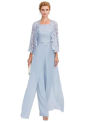 Aibilye Damen Hosenanzug Mutter der Braut Spitzen Outfit-Set Brautmutterkleid 3-Teiliges Set Abendanzug Himmelblau 38 von Aibilye