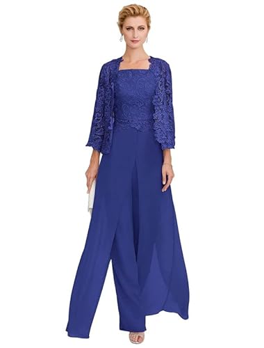 Aibilye Damen Hosenanzug Mutter der Braut Spitzen Outfit-Set Brautmutterkleid 3-Teiliges Set Abendanzug Königsblau 50 von Aibilye