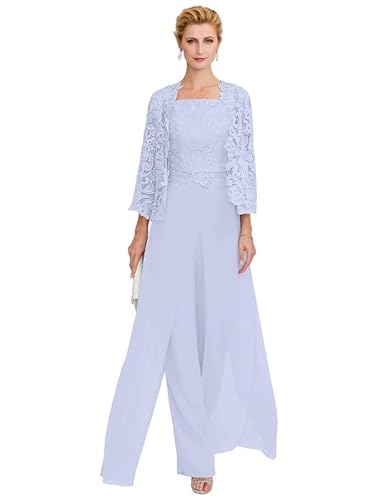 Aibilye Damen Hosenanzug Mutter der Braut Spitzen Outfit-Set Brautmutterkleid 3-Teiliges Set Abendanzug Lavendel 40 von Aibilye