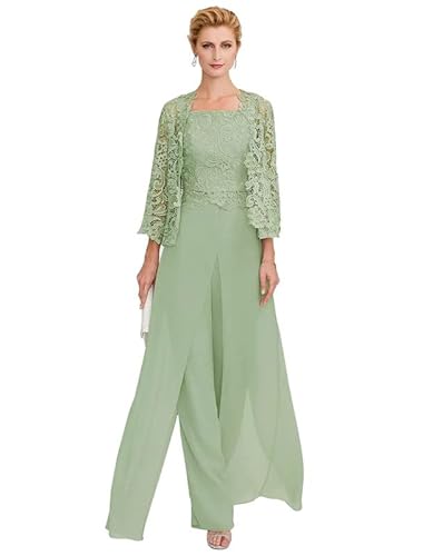 Aibilye Damen Hosenanzug Mutter der Braut Spitzen Outfit-Set Brautmutterkleid 3-Teiliges Set Abendanzug Sage 50 von Aibilye