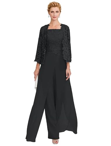 Aibilye Damen Hosenanzug Mutter der Braut Spitzen Outfit-Set Brautmutterkleid 3-Teiliges Set Abendanzug Schwarz 46 von Aibilye