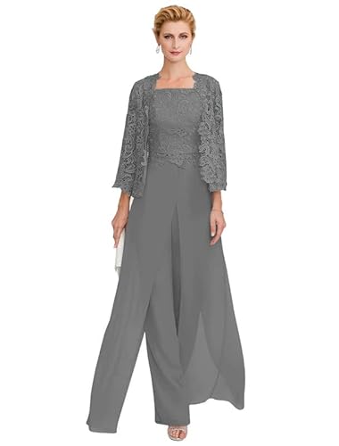 Aibilye Damen Hosenanzug Mutter der Braut Spitzen Outfit-Set Brautmutterkleid 3-Teiliges Set Abendanzug Stahlgrau 46 von Aibilye