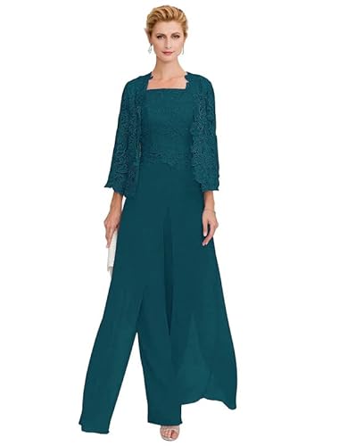 Aibilye Damen Hosenanzug Mutter der Braut Spitzen Outfit-Set Brautmutterkleid 3-Teiliges Set Abendanzug Teal 38 von Aibilye