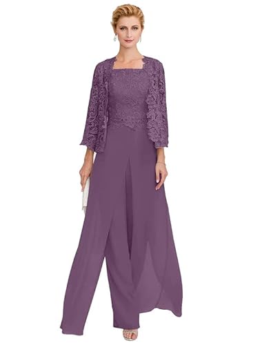 Aibilye Damen Hosenanzug Mutter der Braut Spitzen Outfit-Set Brautmutterkleid 3-Teiliges Set Abendanzug Wisteria 52 von Aibilye