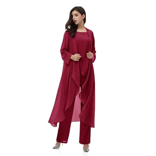 Aibilye Mutter der Braut Hosenanzug Chiffon Damen Hochzeitsgast Kleid Brautmutter Festliche Anzug mit Lang Jacke Burgund 54 von Aibilye