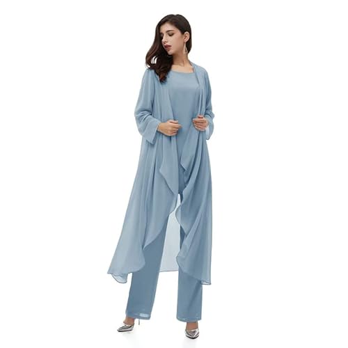 Aibilye Mutter der Braut Hosenanzug Chiffon Damen Hochzeitsgast Kleid Brautmutter Festliche Anzug mit Lang Jacke Staubiges Blau 48 von Aibilye