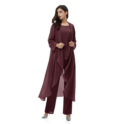 Aibilye Mutter der Braut Hosenanzug Chiffon Damen Hochzeitsgast Kleid Brautmutter Festliche Anzug mit Lang Jacke Tiefer Burgunder 42 von Aibilye