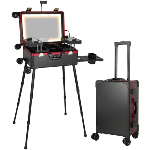 Rollender Make-up-Organizer mit beleuchtetem Spiegel und Bluetooth-Lautsprecher, professioneller Kosmetik-Organizer mit Rollen, Ständer, tragbare Make-up-Station, Schminktisch für Reisen, Schwarz + von Aiborke