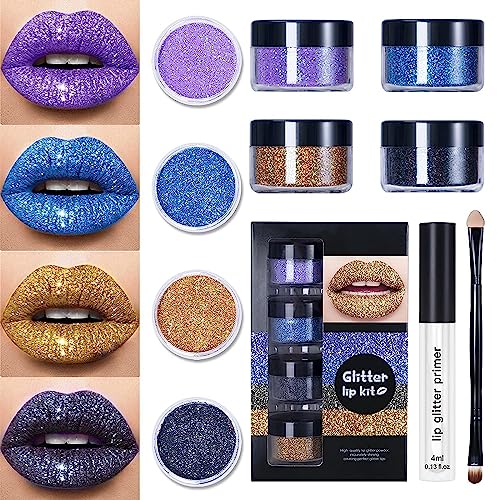 Glitter Lip Kit, 4 Colors Shiny Diamond and Metallic Lip Glitter Makeup Lipstick Lip Gloss with Lip Primer and Brush, Waterproof Smudge Proof. (Blue) von Aicoyiu