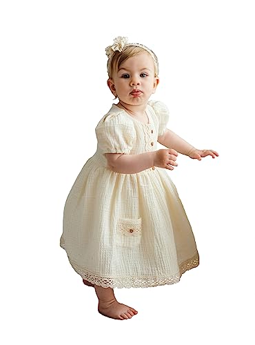 Taufkleid Plus Stirnband für Baby Mädchen mit Spitzeneinsatz, hergestellt aus weichem Musselin aus 100% Baumwolle (3-6 Monate 68) von Aidalux