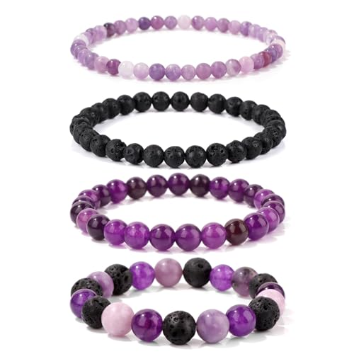 Aidenn Amethyst Armband Damen Naturstein Edelstein Perlenarmband Damen Lavastein Lepidolith Armband Heilsteine Armband Anti Stress Perlen armbander set,Handmade Schmuck Geschenk von Aidenn