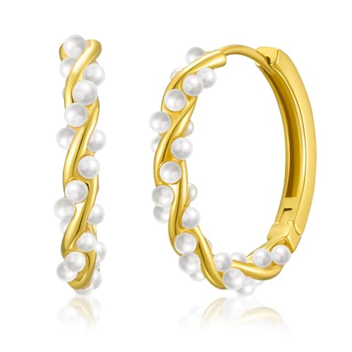 Aidenn Perlen Ohrringe Creolen Damen Perlenohrringe Gold mit Süßwasserperlen，Goldene Ohrringe Klein für Brautjungfer Hochzeit Abschlussball Mädchen Perlenschmuck von Aidenn