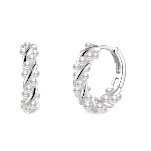 Aidenn Perlen Ohrringe Creolen Damen Perlenohrringe Silber mit Süßwasserperlen，Silver Ohrringe Kleine für Brautjungfer Hochzeit Abschlussball Mädchen Perlenschmuck von Aidenn