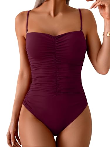 Aidonger Einteiliger Badeanzug für Damen, gerüscht, Bauchkontrolle, Push-Up, schlankmachende Bademode, Dunkles Violett, Large von Aidonger