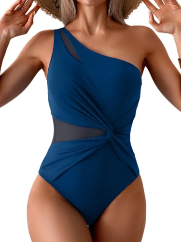 Aidonger One Shoulder One Piece Badeanzug für Damen Mesh Bauchkontrolle Badeanzug Twist Bademode mit abnehmbarem Riemen, Pfauenblau, S von Aidonger