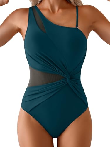 Aidonger One Shoulder One Piece Badeanzug für Damen Mesh Bauchkontrolle Badeanzug Twist Bademode mit abnehmbarem Riemen, Pfauengrün, S von Aidonger